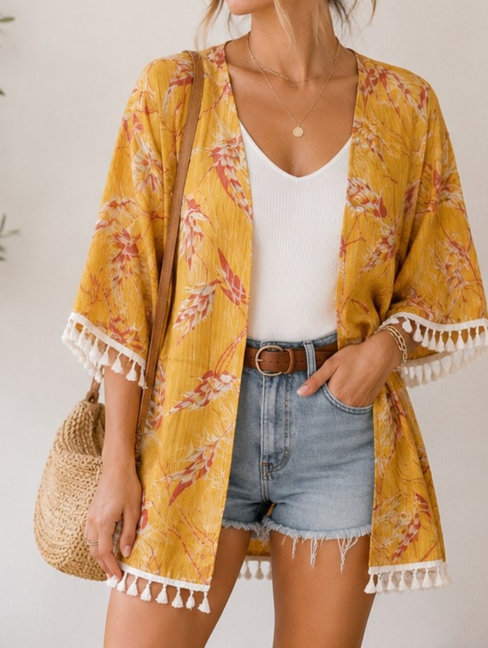 Jon & Anna Yellow Feather Print Kimono – Size Large